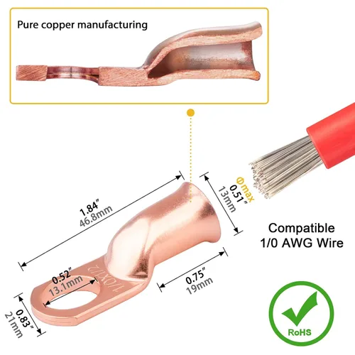 Miniatura 4 de 6 piezas 1/0 AWG - 1/2" (M12) Sanuke Terminales de anillo para cable de alambre con conectores de extremos resistentes para cable de batería, ojales