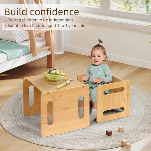Miniatura 3 de Juego de mesa y silla para niños, mesa y silla de destete Montessori, silla de escritorio pequeña de bambú natural, juego de mesa de actividades