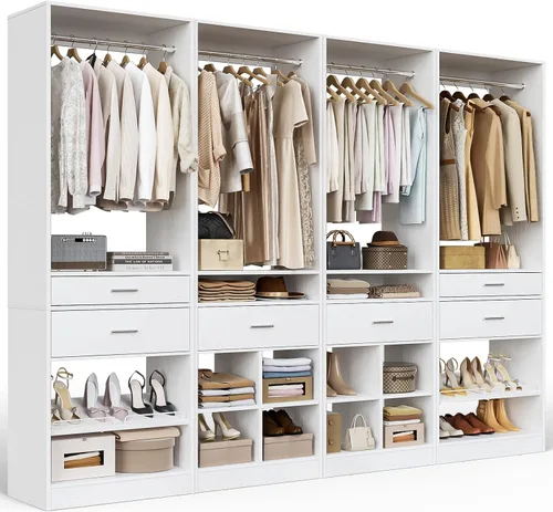 Miniatura 12 de Unikito Organizador de armario de 25 pulgadas de ancho x 80 pulgadas de alto, con barra para colgar y 2 cajones de madera, zapatero ajustable