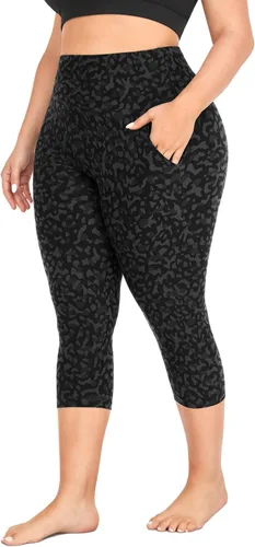 MOREFEEL Leggings capri de talla grande para mujer con bolsillos, elásticos XL-4XL, control de abdomen, cintura alta, pantalones de yoga negros para