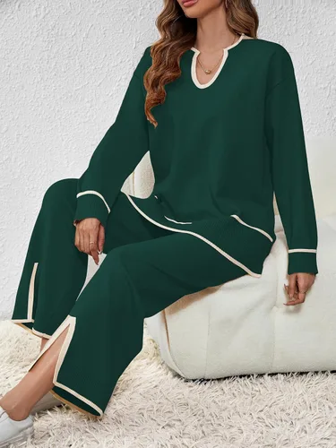 Miniatura 8 de SuperPrity Conjunto de 2 piezas de suéter para mujer, con cuello de muesca, manga larga, suéter de punto y pierna ancha