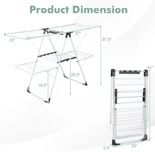 Miniatura 8 de Giantex Estante de secado de ropa, 2 capas de acero inoxidable plegable, con altura ajustable de 6 niveles, clips útiles, ahorro de espacio, Blanco