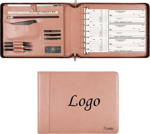 Miniatura 12 de Cuaderno de cheques personalizado de cuero para negocios, carpeta de 7 anillos grabada con soporte para libro de cheques para 3 por página, Marrón