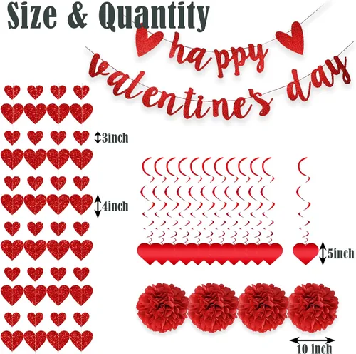 Miniatura 2 de Juego de 22 decoraciones para el día de San Valentín premontadas, espirales de corazón colgantes con texto en inglés «Happy Valentine», guirnaldas