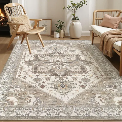 Alfombra de área para sala de estar, alfombra oriental vintage grande suave lavable de 5 x 7 pulgadas, resistente a la decoloración y a las manchas,