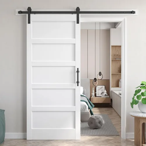 Miniatura 16 de Fredbeck Puerta de granero blanca de 30 x 84 pulgadas con kit de herrajes para puerta corredera de 5.5 pies incluido y asa, sólida, MDF, superficie