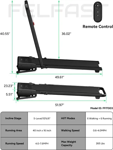 Miniatura 9 de FelFast Walking Pad Treadmill, 12% 5-Level Auto Incline, 2-in-1 Under Desk Foldable w/Remote Control, 12 HIIT Mode, 265 Lbs, 7.6 MPH Max, Portable