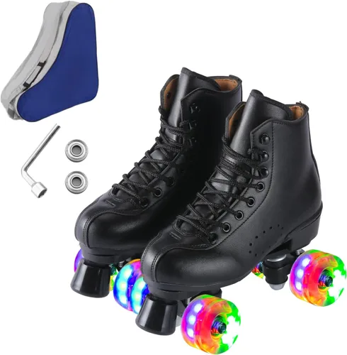 Miniatura 10 de Patines de ruedas para hombres y mujeres, patines Derby negros con 4 ruedas brillantes, patines clásicos de doble fila para interiores y exteriores