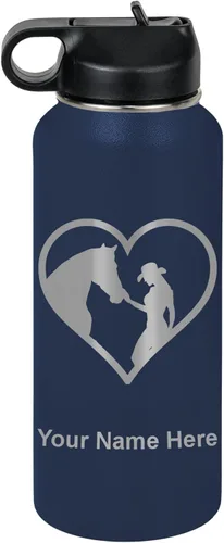 Miniatura 56 de LaserGram Botella de agua personalizada, corazón de vaquera de caballo, acero inoxidable de doble pared aislada al vacío con popote superior, regalo