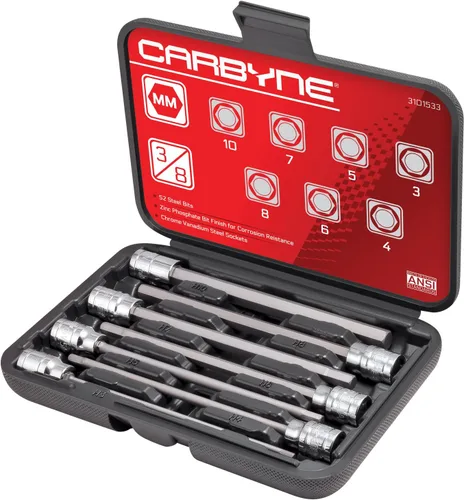 CARBYNE Juego de llaves hexagonales métricas extralargas (Allen) de 7 piezas, 0.118 in a 0.394 in, 3/8 pulgadas, brocas de acero S2, enchufes CrV,