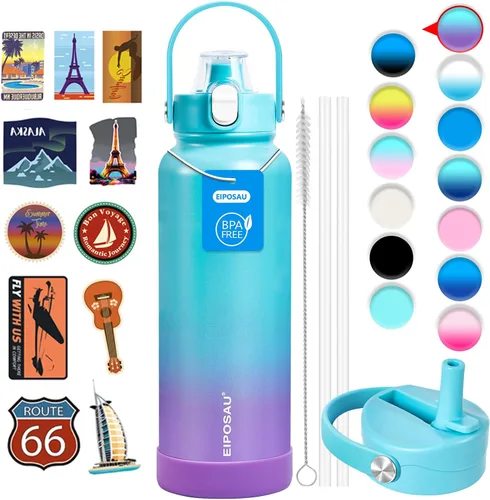 Miniatura 39 de Botella de agua aislada con tapa, bota y calcomanías, botella de acero inoxidable de 24 onzas, sin sudor, mantiene el frío las 24 horas, botella