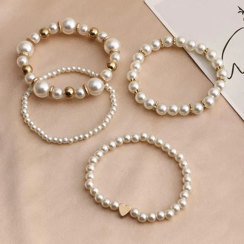 Miniatura 3 de Caiyao Juego de pulseras elásticas de perlas de imitación para mujer, multicapa con cuentas bohemias de semillas de arroz, hilo de perlas apilable