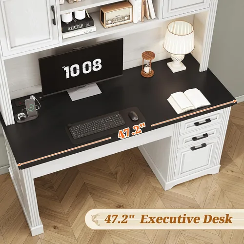 Miniatura 7 de SEDETA Escritorio para computadora estilo granja con estantería superior y 3 cajones, escritorio de oficina ejecutivo de 47.2" con cajones de Blanco