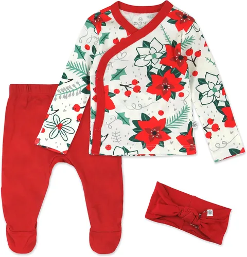 HonestBaby 3-Piece Organic Cotton Kimono Top, Footed Pant & HeadbandBeanie Set for Infant Baby Boys, Girls, Unisex