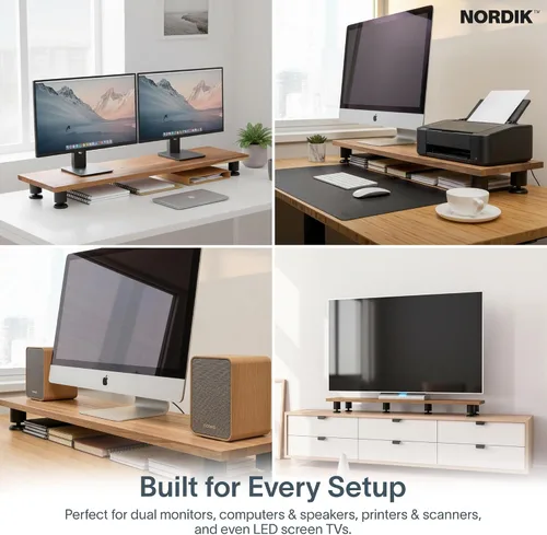 Miniatura 6 de Nordik - Elevador grande de doble monitor para 2 – 42.5 pulgadas de madera dura de acacia hecha a mano – Estante de madera organizador de escritorio