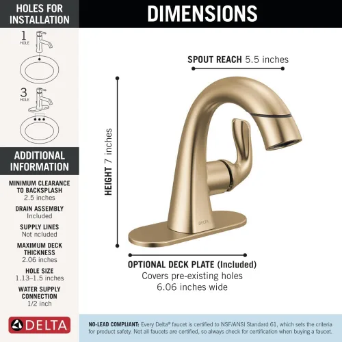 Miniatura 6 de Delta Arvo Grifo de Baño de Oro Cepillado de 1 Agujero con Rociador, Grifo de Lavabo de Baño de Un Solo Agujero con Rociador Extraíble para Tocador