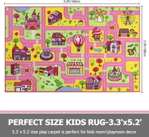 Miniatura 2 de Capslpad Alfombra para niños para sala de juegos, alfombra de juego rosa para tráfico, carretera, automóvil, alfombra de juego de 5.2 x 3.3 pies