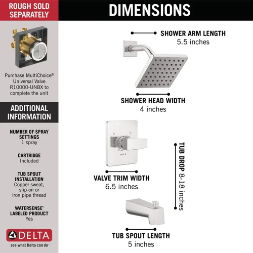 Miniatura 3 de Delta Faucet Modern Kit de Molduras Cromado de Una Sola Manija para Bañera y Ducha, Grifo de Ducha con Cabezal de Ducha de Un Solo Rociador Cromo