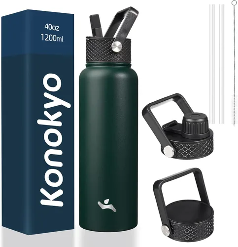 Miniatura 93 de Konokyo - Botella de agua aislada de 18 onzas, botellas deportivas de acero inoxidable con 3 tapas, verde militar