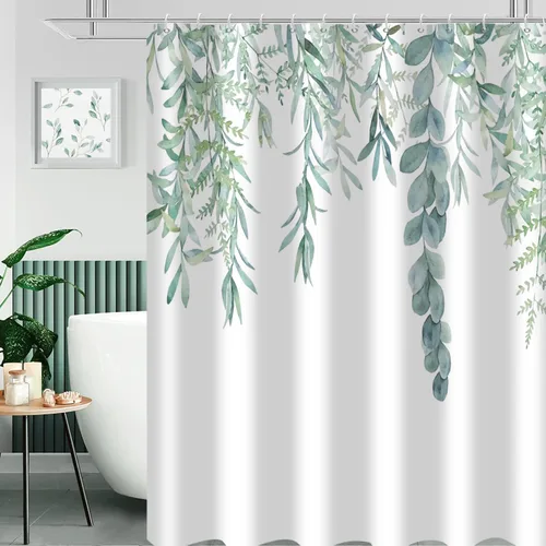 Miniatura 24 de Cortina de ducha de eucalipto, hojas verdes de acuarela en la parte superior con cortina de baño floral, decoración de baño para bañera, tela Hoja