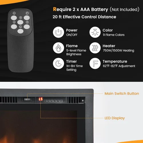 Miniatura 9 de Tangkula Chimenea eléctrica de 42 pulgadas empotrada en la pared, montada en la pared e independiente, calentador lineal de chimenea de 750 W/1500 W