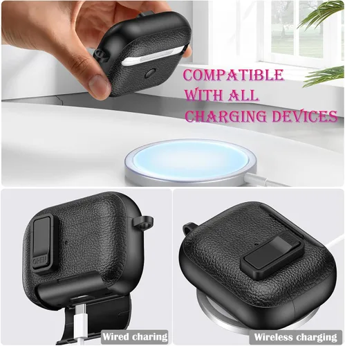 Miniatura 5 de Funda de cuero con clip de bloqueo para AirPods Pro 2ª/1ª con mosquetón, soporte de carga inalámbrica con soporte, cubierta de protección resistente