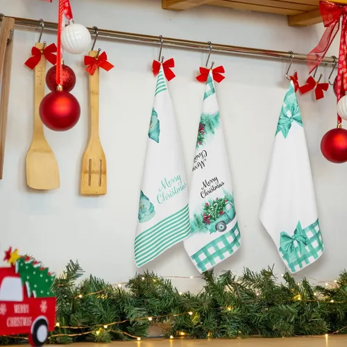Miniatura 2 de Kajaia 4 paños de cocina y paños de cocina de Navidad verde azulado con diseño de gnomo de camión de Navidad de búfalo azul, toallas de mano azul