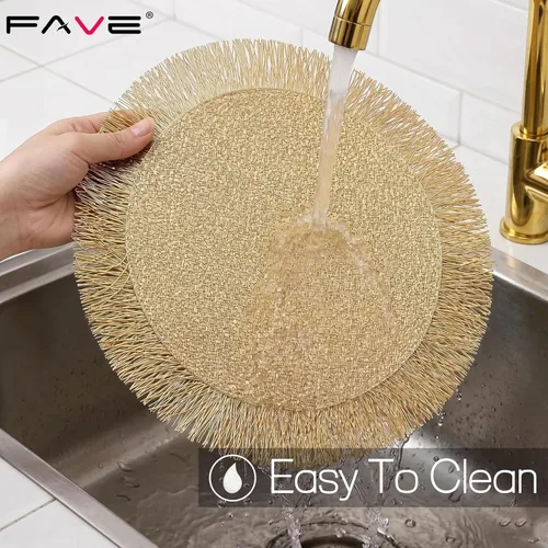Miniatura 5 de FAVE Juego de 6 manteles individuales redondos de vinilo dorados, manteles individuales lavables calados con borlas para decoración de mesa, uso