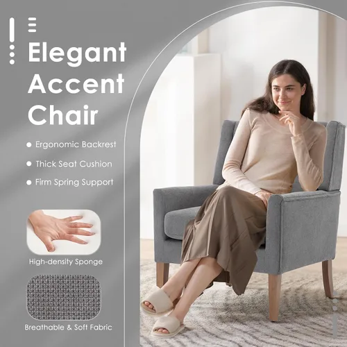 Miniatura 3 de COLAMY Silla moderna de ala para sala de estar, sillón acentuado tapizado en tela, sillón individual con asiento tipo sofá y patas de madera