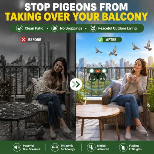 Miniatura 2 de Dispositivos solares repelentes de pájaros 2026 para exteriores con altavoces duales, disuasorio de palomas para balcón, patio, piscina, jardín