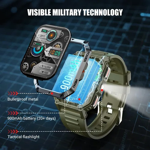 Miniatura 2 de Relojes inteligentes militares para hombres, reloj inteligente para Android iPhone con gran pantalla HD de 2.01 pulgadas, linterna, batería de 100