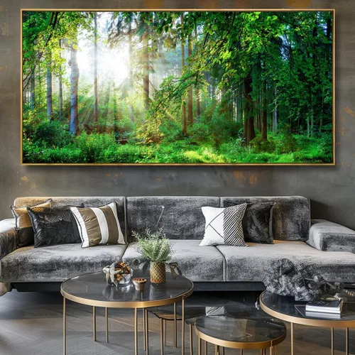 Miniatura 2 de Lienzo decorativo para pared de sala de estar, paisaje de bosque verde, sol sobre bosque, fotografía impresa en lienzo para decoración de pared