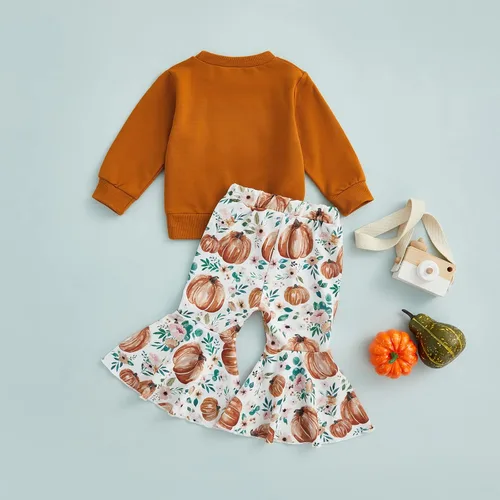 Miniatura 3 de Madjtlqy Conjunto de ropa de Halloween para bebé niña con estampado de calabaza con estampado de calabaza, camiseta de manga larga + pantalones