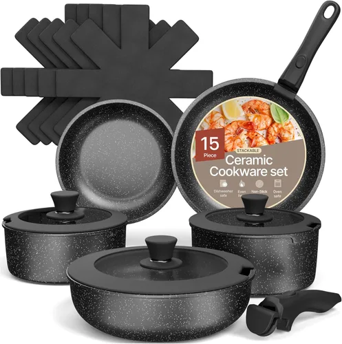 Juego de ollas y sartenes antiadherentes de cerámica de granito – 15 piezas de utensilios de cocina con asas desmontables, apilables, ahorro de