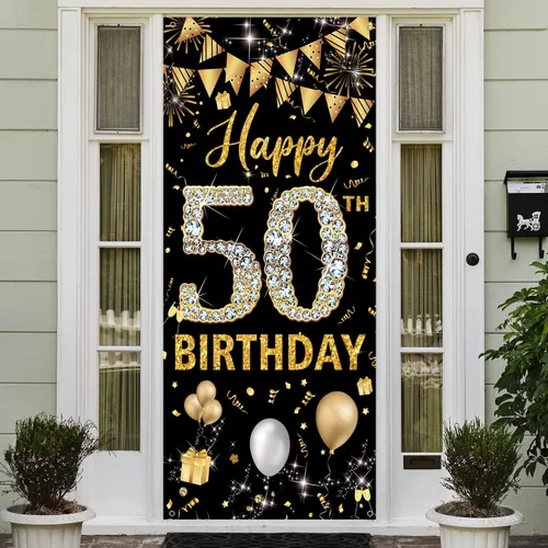 Decoración de cumpleaños número 50 para puerta, decoración de feliz cumpleaños 50 negro y dorado para mujeres y hombres, decoración de póster,