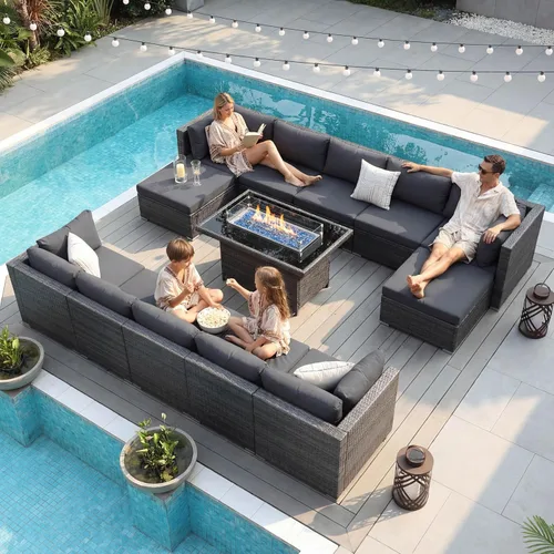 Miniatura 54 de NICESOUL Juego de muebles de patio para exteriores de 7 piezas con mesa para hoguera, gas natural y propano convertible, respaldo alto de 29.3