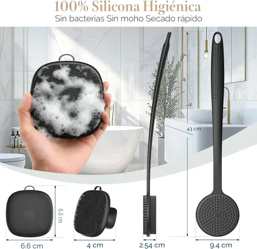 Miniatura 6 de Depurador de espalda para ducha y limpiador facial, juego de 2 cepillos exfoliantes de silicona con mango largo de 17 pulgadas, limpiador suave
