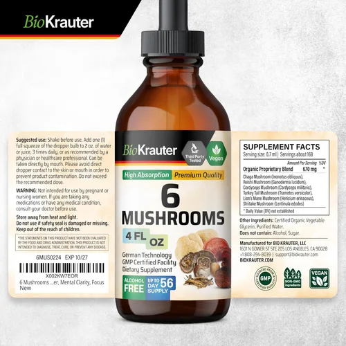 Miniatura 8 de BIO KRAUTER® Complejo de hongos 6 en 1 con melena de león, chaga, reishi, cordyceps, cola de pavo y shiitake - Suplemento vegano de hongos
