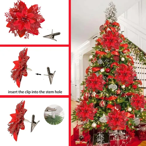 Miniatura 3 de 18 flores de Pascua de Navidad con purpurina, decoraciones de nochebuena roja para adornos de árbol de Navidad