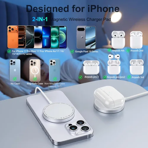 Miniatura 5 de Cargador inalámbrico Qi2 - Almohadilla de carga inalámbrica magnética de 15 W para iPhone 17/16/15/14/13/12 Series con aluminio ultrafino, incluye