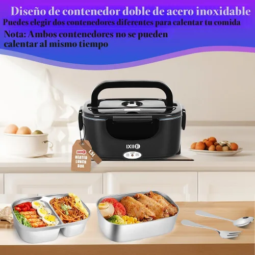 Miniatura 3 de IXIIE Lonchera eléctrica de 80W, calentador de alimentos para el trabajo, 12V/24V/110V, lonchera portátil para adultos con 2 envases de acero
