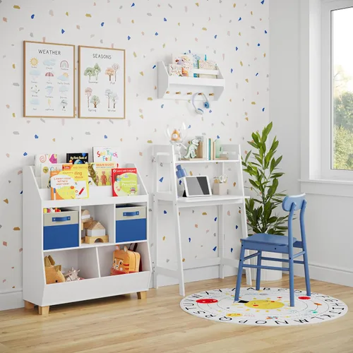 Miniatura 8 de RiverRidge Escritorio para niños con estante de escalera, mesa de escritura blanca para tareas, artes y manualidades, mesa espaciosa con estante