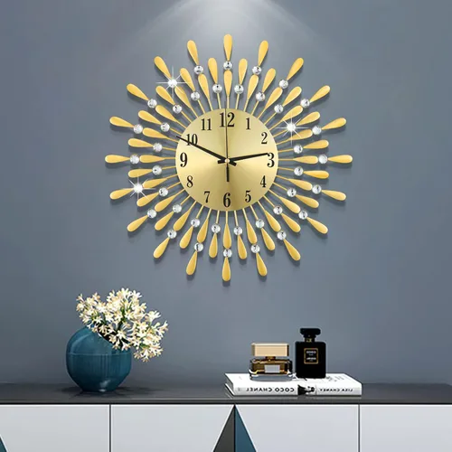 Miniatura 12 de Reloj de pared grande de metal, decorativo, 3D, sin tictac, silencioso, de cuarzo, con números arábigos, para sala de estar, hogar, cocina, Oro ~