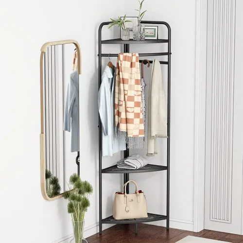 Miniatura 2 de DOORXIFO Percheros de ropa negros de esquina independientes, percheros de metal negros con ganchos, perchero de ropa resistente moderno con 3
