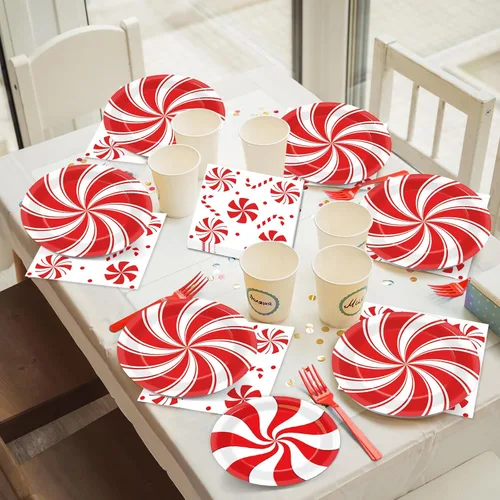 Miniatura 5 de Juego de 96 platos de papel de caramelo de menta de Navidad, suministros de fiesta, suministros de fiesta de caramelo y menta para vacaciones