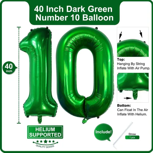 Miniatura 2 de Lovoir Globo verde oscuro de 40 pulgadas con números de 10 dígitos gigantes, helio verde oscuro para decoración de celebración de fiesta de verde