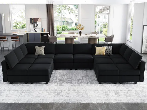 Miniatura 11 de Belffin Sofá modular de gran tamaño con tumbonas dobles en forma de U, sofá seccional reversible con almacenamiento de terciopelo gris