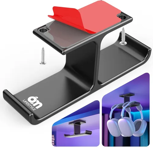 Soporte de aluminio para auriculares debajo del escritorio, soporte doble para auriculares con adhesivo de resistencia industrial y montaje de