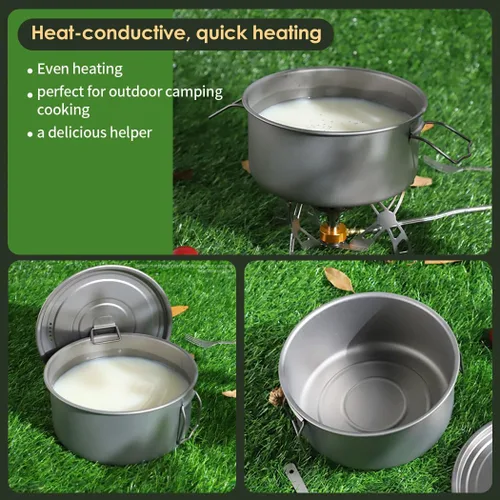 Miniatura 6 de BY-J Utensilios de cocina de titanio para camping, 74.4 fl oz+40.6 fl oz+23.7 fl oz de titanio con tapa y espátula de acero inoxidable, utensilios