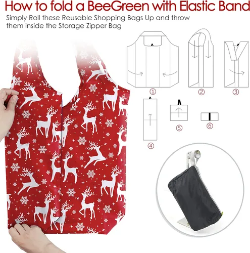 Miniatura 5 de BeeGreen Bolsas de comestibles reutilizables de Navidad con bolsa de almacenamiento con cremallera, paquete de 10 bolsas de compras reutilizables a